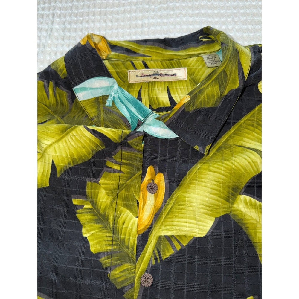 Tommy Bahama Silk Button Up Shirt Mens XXL Black Tropical Banana Leaf Print